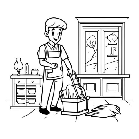 housekepping man with mop and cleaning equipment cartoon vector