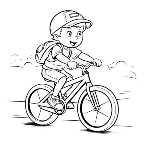 Boy riding a bicycle - black and white vector illustration for c