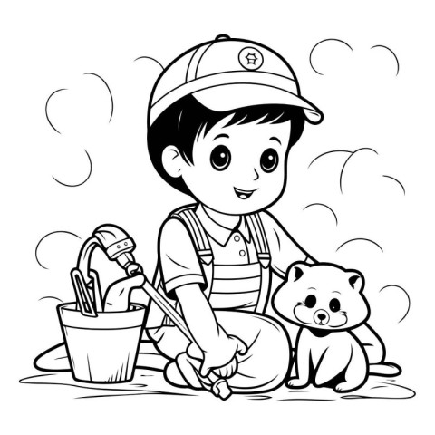 Black and White Cartoon Illustration of Kid Boy Playing with Ted