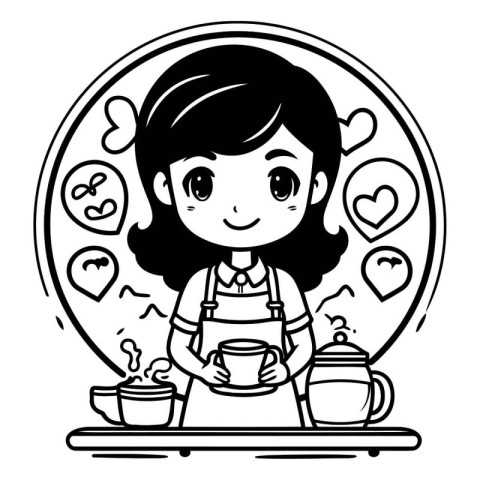 Cute cartoon girl in apron with cup of coffee. Vector illustrati