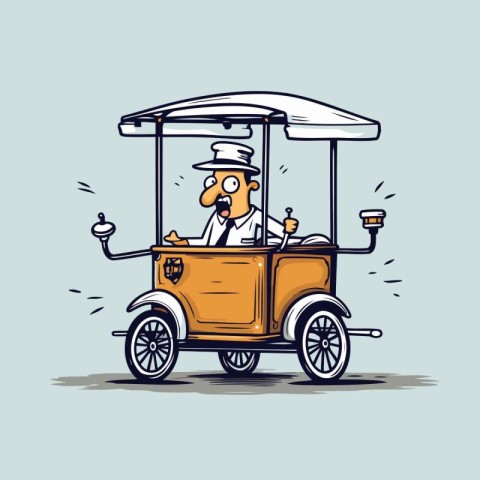 Cartoon illustration of a man driving a tuk tuk.