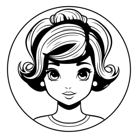 beautiful woman face cartoon in round icon black and white vecto