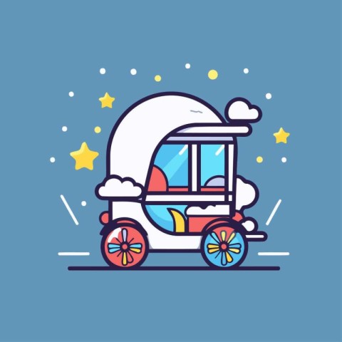 Cartoon retro wagon with cloud and stars. Flat vector illustrati