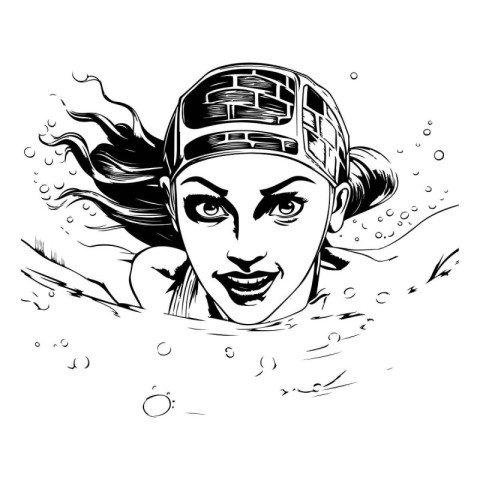 Vector illustration of a girl swimming in the sea. Black and whi