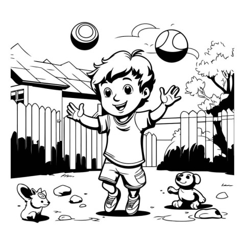 Boy playing with a dog in the garden. Black and white vector ill