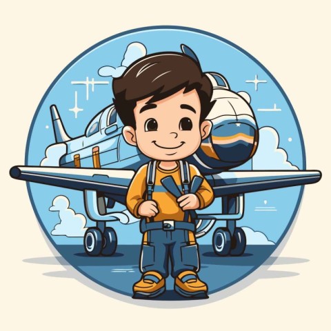 Cute boy pilot with airplane. Vector illustration in cartoon sty