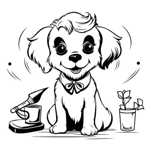 Vector illustration of a cute dog with a bow tie and a watering