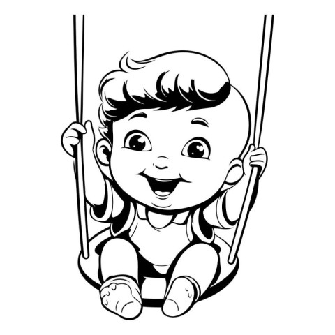 Cute little girl swinging on a swing. Black and white vector ill