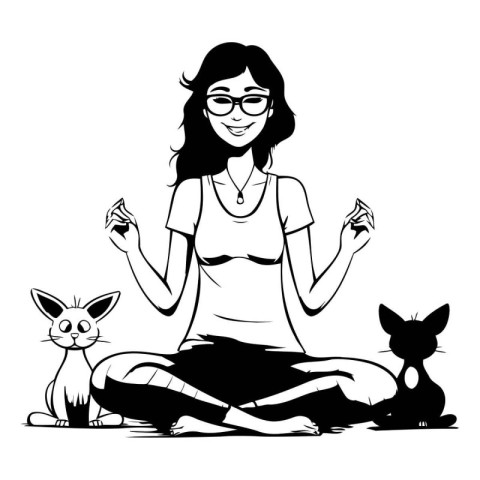 young woman sitting with cat and dog pet cartoon vector illustra