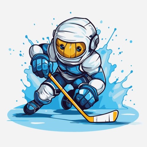 Cartoon ice hockey player with a stick and puck. Vector illustra