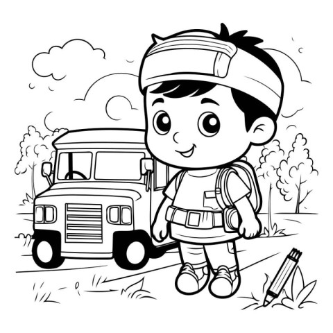 Black and White Cartoon Illustration of Elementary School Boy wi