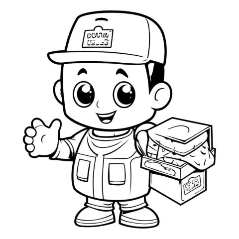 Black and White Cartoon Illustration of Cute Delivery Boy Charac