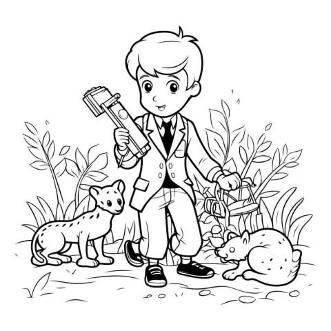 Vector illustration of a boy in a suit with a hammer and a cat.
