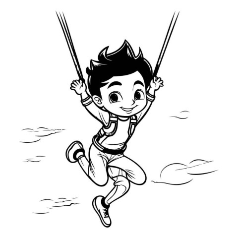 cute boy flying on a swing. black and white vector illustration