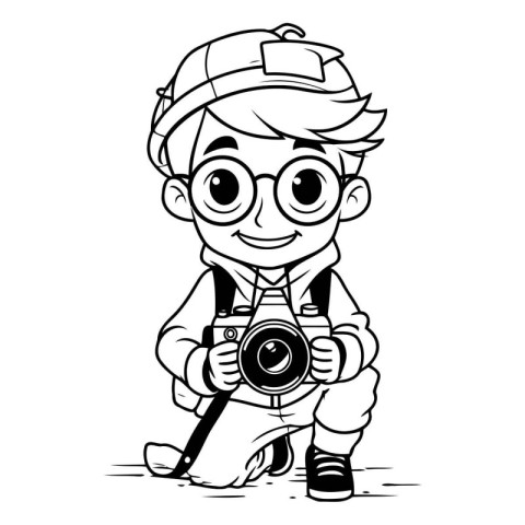 Cute Boy Photographer with Camera - Black and White Cartoon Illu