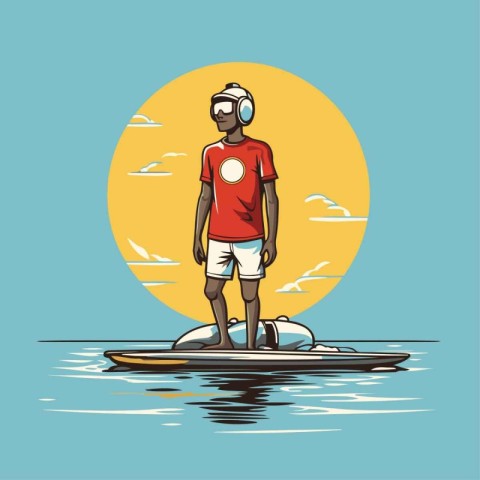 Young man on a jet ski in the sea. Vector illustration.