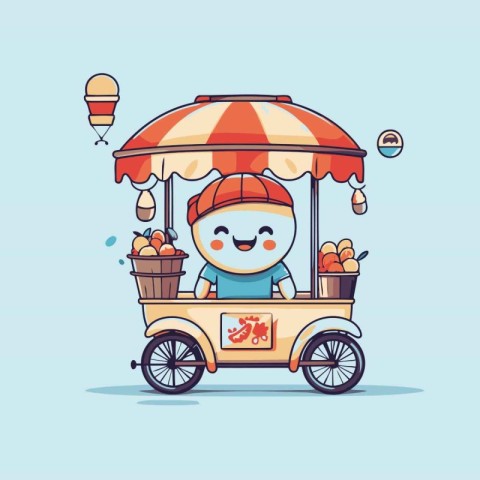 Cute cartoon ice cream cart character. Vector illustration of ic