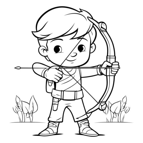 Cute boy aiming with bow and arrow - black and white illustratio