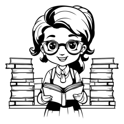 Girl with glasses reading a book. black and white vector illustr