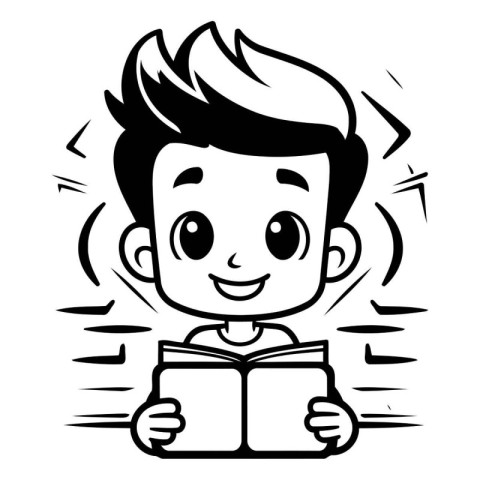 Boy Reading Book - Black and White Cartoon Illustration. Vector