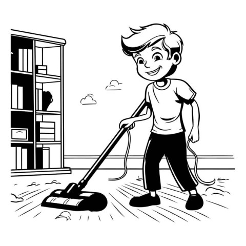 Boy cleaning the house with a vacuum cleaner. Black and white ve