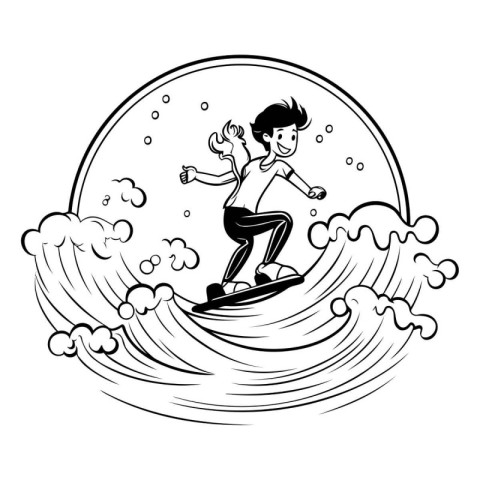 Man riding a surfboard on a wave. Black and white vector illustr