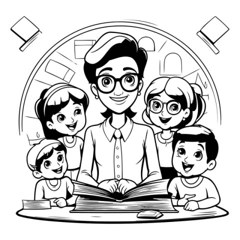 Teacher and students. Black and white illustration for coloring