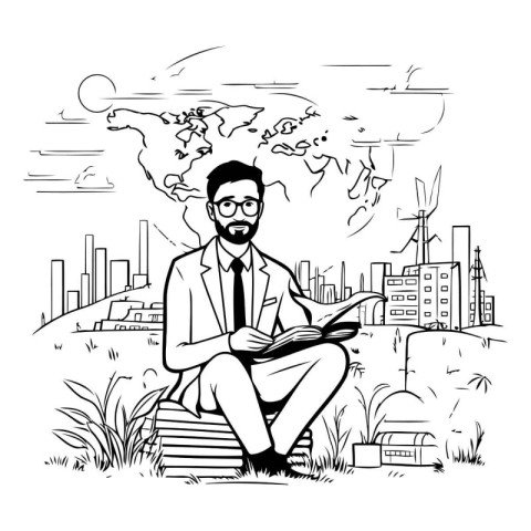 Businessman reading a book in the city. Black and white vector i