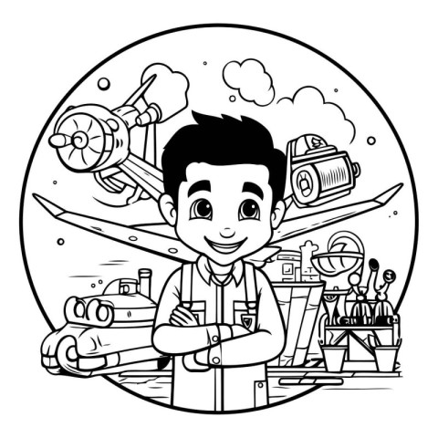 Cute cartoon man worker. Black and white vector illustration. Co