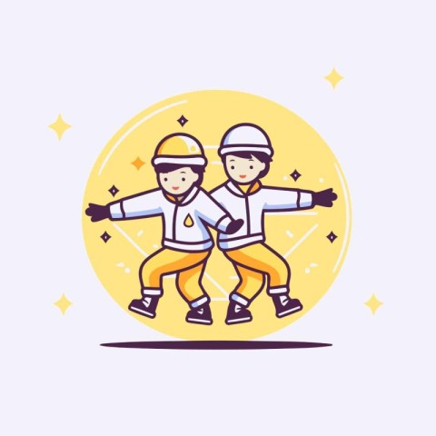 Cute boy and girl skating in the circle. Vector illustration.