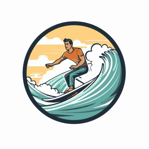 Vector illustration of a surfer riding a wave set inside circle