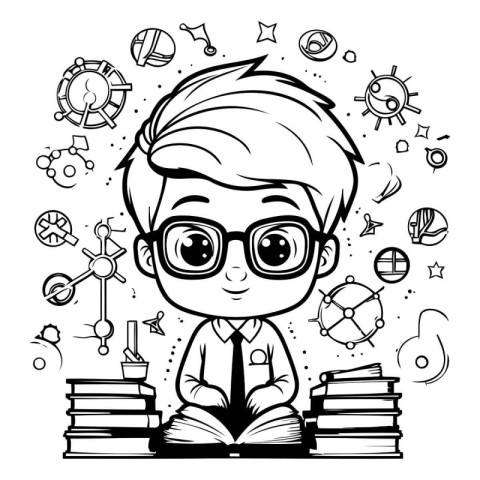 Vector illustration of a boy reading a book with science icons a