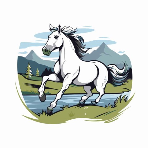 Horse running on the river with mountains in the background. Vec