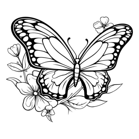 Butterfly with flowers. Black and white vector illustration for