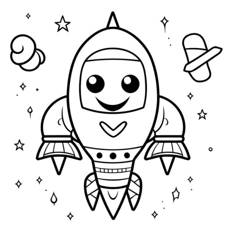 Vector illustration of a cute cartoon space rocket. Black and wh