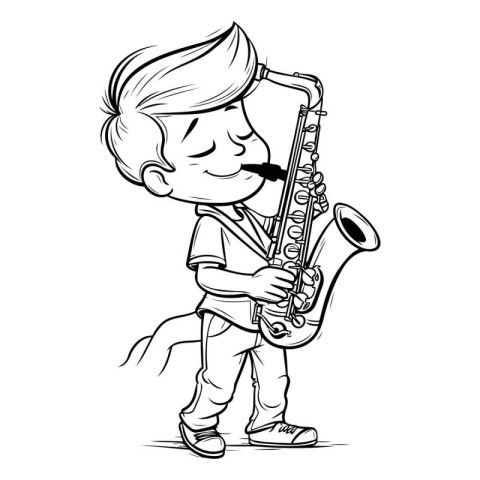 Vector illustration of a boy playing the saxophone on white back