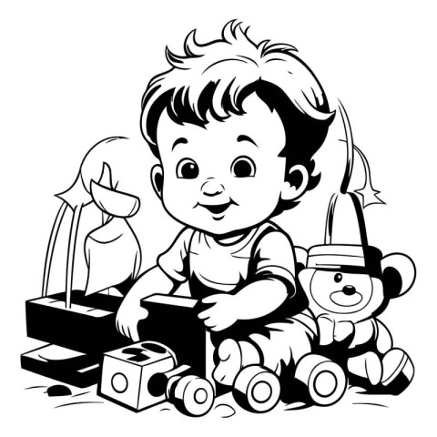 Black and White Cartoon Illustration of Cute Little Boy Playing