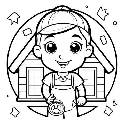 Black and White Cartoon Illustration of Cute Little Boy Builder