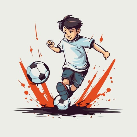 Vector illustration of a boy kicking a soccer ball. Cartoon styl