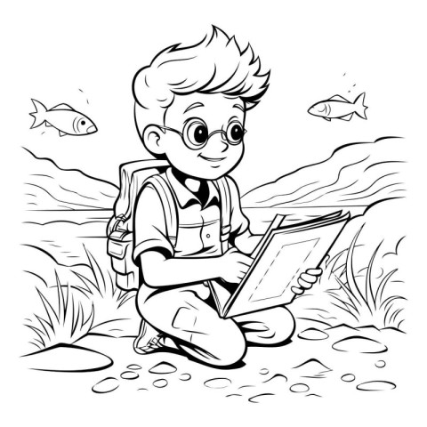 Boy scout reading a book on the beach - black and white illustra