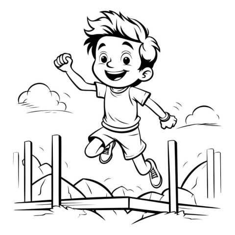 Black and White Cartoon Illustration of a Kid Boy Jumping in the