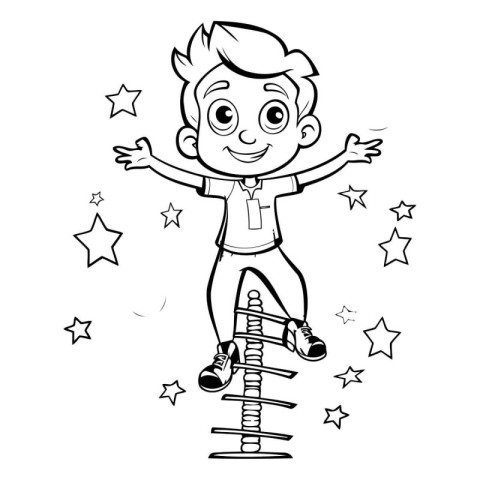 Black and White Cartoon Illustration of Kid Boy Jumping on Stair