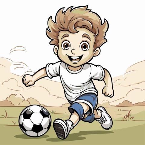 Illustration of a Little Boy Playing with a Soccer Ball on a Fie