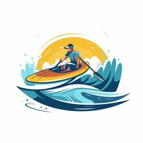 Man in a kayak on the waves. Vector illustration on white backgr