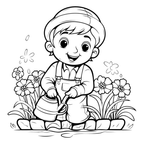 Black and White Cartoon Illustration of Cute Little Boy Watering