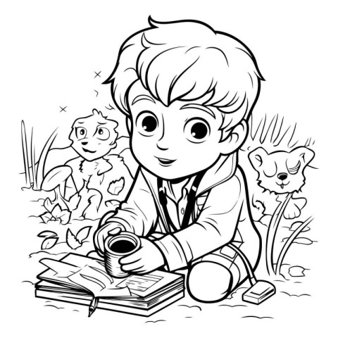 Black and White Cartoon Illustration of Kid Boy Reading Book in