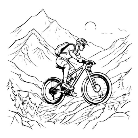 Mountain biker in the mountains. black and white vector illustra