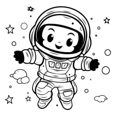 Cute astronaut flying in space. black and white vector illustrat