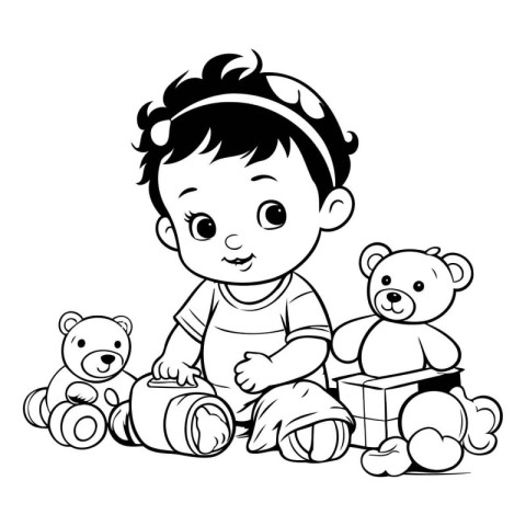 Cute little baby boy playing with teddy bears. Vector illustrati