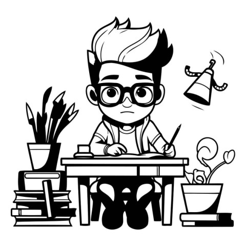 teacher boy sitting at the table with books and tools vector ill